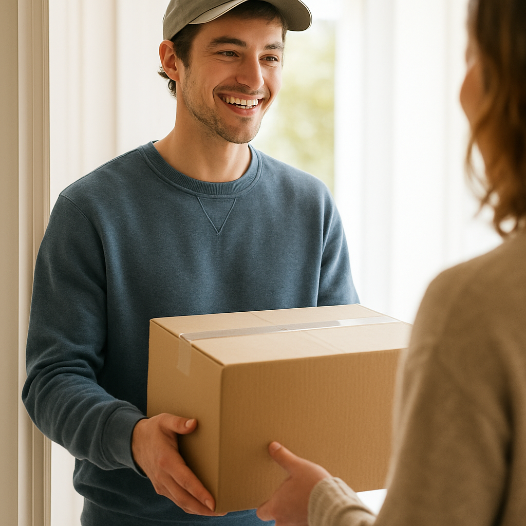 A friendly HireHumanAgents helper delivering a package at a front door