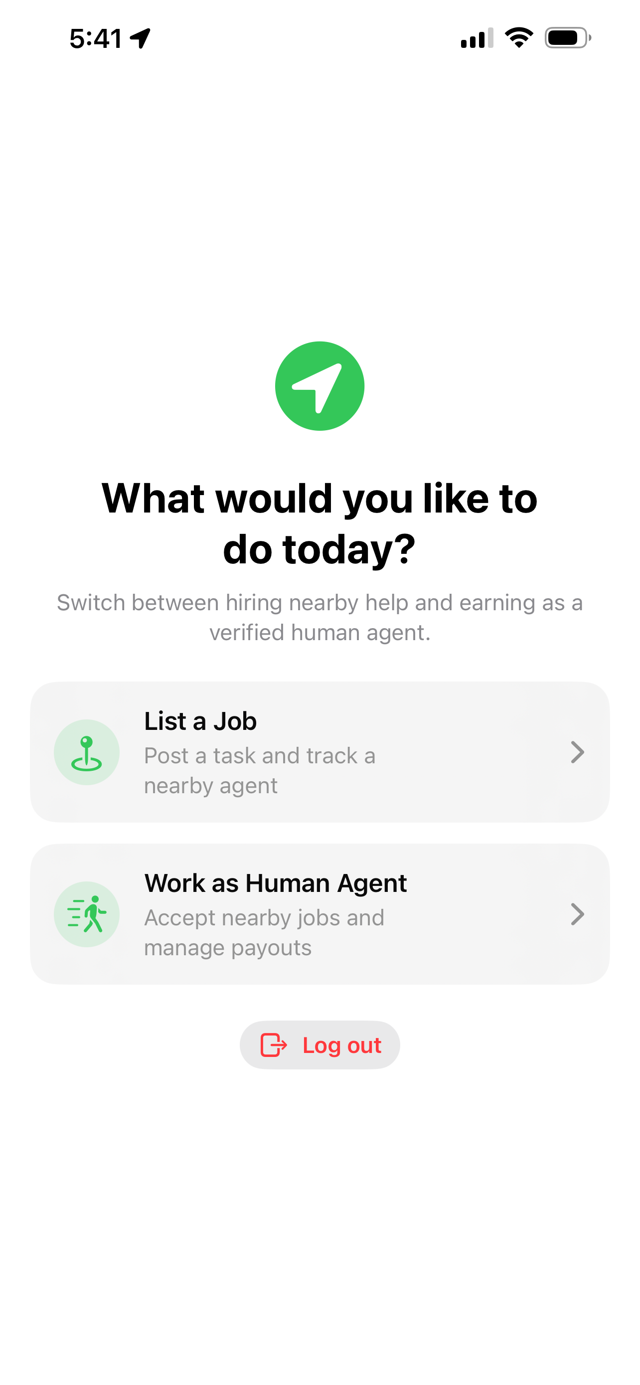HumanGo role selection screen